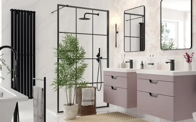 Bathroom with twin floating vanity units